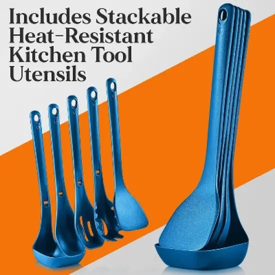NutriChef Kitchen Cooking Utensils Set-Includes Spatula, Pasta Fork, Solid Spoon, Slotted Spoon & Tool Seat,(Blue) image {1}