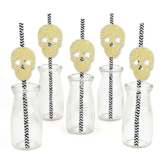 Big Dot of Happiness Gold Glitter Sugar Skull Party Straws - No-Mess Real Glitter Cut-Outs & Decorative Day of the Dead Party Paper Straws - Set of 24 image {1}