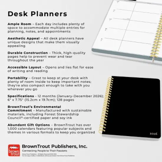 BrownTrout 2026 Black Solid 6"x7.75" Desk Planner Foil Stamped Cover image {5}