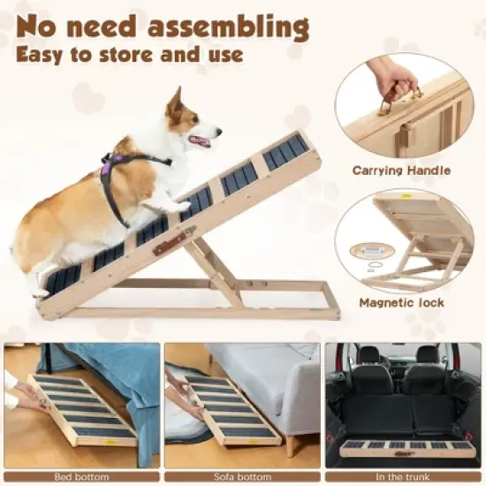 Sandinrayli Folding Portable Wooden Dog Ramp with Non-slip Carpet, 15.75-24 in. H image {2}