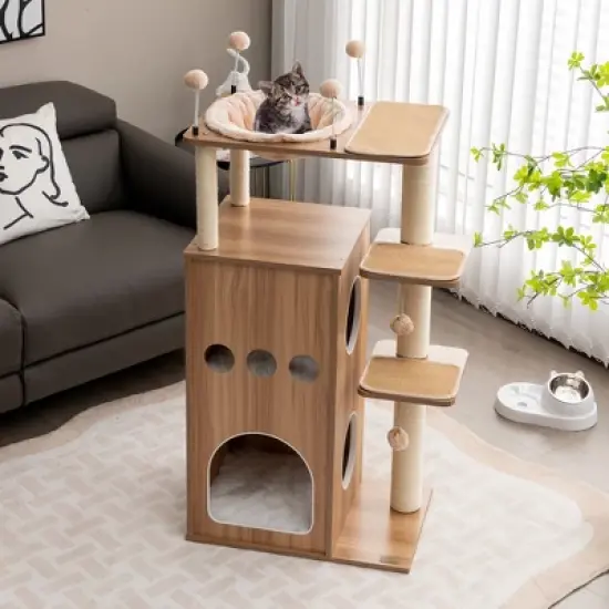 Costway 52'' Modern Cat Tree Tower Multi-level Cat Play Center w/Deluxe Hammock Natural image {1}
