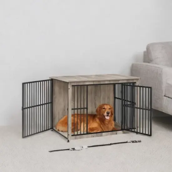 Heather Greige Dog Crate Furniture.as a 43.3" side end table.for dogs up to 80 lb, with a heavy-duty cage, enclosed base and double - door design. image {4}