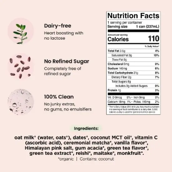 Pop & Bottle Matcha Green Tea Oat Milk Latte with functional boost from Reishi and Maitake - 8 fl oz Can image {5}