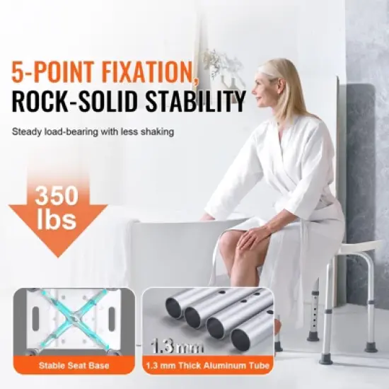VEVOR Shower Chair, Adjustable Height Shower Stool with Built-in Handles, for Elderly Disabled Handicap, 158.8 kg Capacity,White image {2}