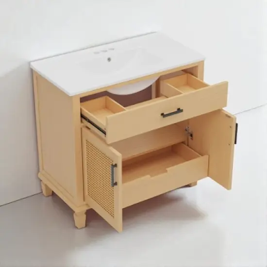 36" Rattan Bathroom Vanity with Ceramic Sink, Soft-Close Drawers & Solid Fir Legs,4" Faucet Compatible, Freestanding Vanity image {3}