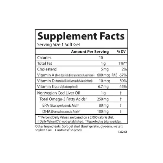 Carlson - Cod Liver Oil Gems, Super 1000 mg, 250 mg Omega-3s + A & D3, Norwegian, Wild Caught image {4}