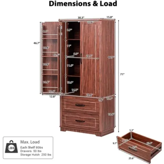 Bella Depot 71" Farmhouse Kitchen Pantry Cabinet with 2 Drawers image {3}