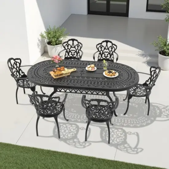(7-PC)Premium Black Cast Aluminum Patio Set - Weather-Resistant Outdoor Table & Chairs with Beige Cushions, Umbrella Hole Included image {1}