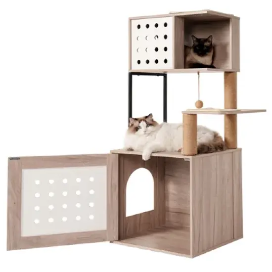SEVOBAL Pet Tower All-in-One Cat Tree with Litter Box Enclosure, Featuring Hammock, Bed, Food Station, Scratching Posts, Beige, 25.59"*20.08"*7.68" image {3}