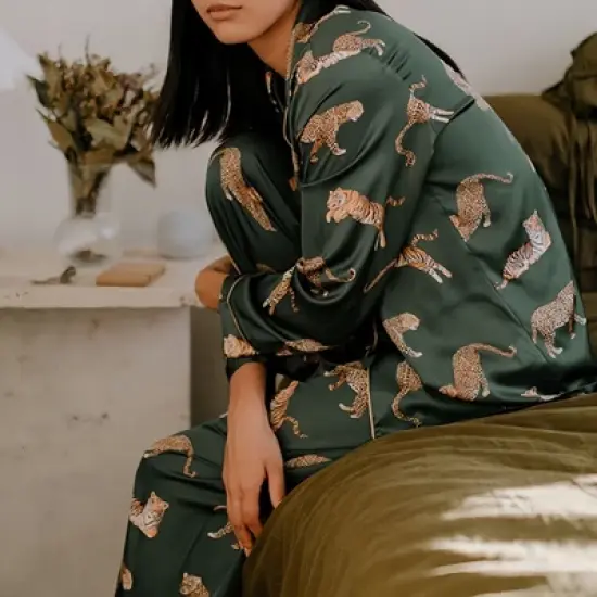 Anna-Kaci Lounge Women's Long Sleeve Button Front Pajama Set with Tiger Print and Satin Finish image {4}