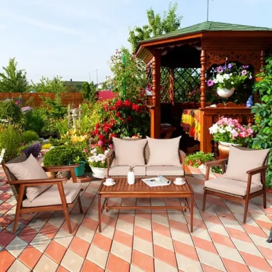 Costway 4PCS Patio Rattan Furniture Set Acacia Wood Frame Cushioned Sofa Chair Garden image {3}
