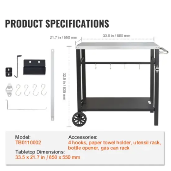 VEVOR Outdoor Grill Dining Cart with Double-Shelf, BBQ Movable Food Prep Table, Multifunctional Stainless Steel Table Top, Portable Modular Carts image {7}