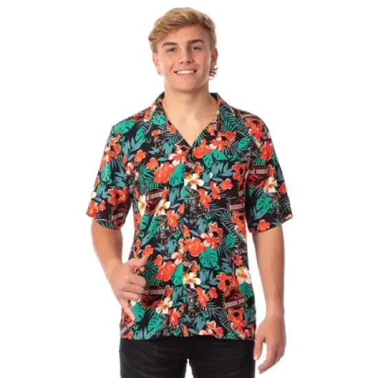Jurassic Park Men's Velociraptor Dinosaur Floral Hawaiian Button Up Shirt image {4}