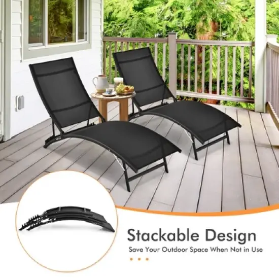 Costway 2 PCS Patio Folding Chaise Lounge Chair Recliner Adjustable Stackable Deck Black image {6}