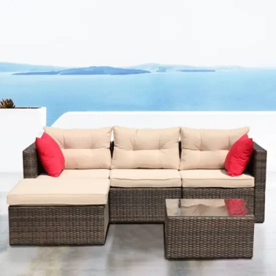 5pc Wicker Patio Sectional Seating Set with Shallow Cushions - Brown - GODEER image {2}