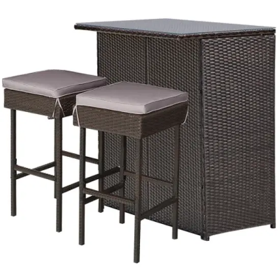 Costway Patio 3PCS Rattan Bar Table Stool Set Cushioned Chairs with  Cover image {9}