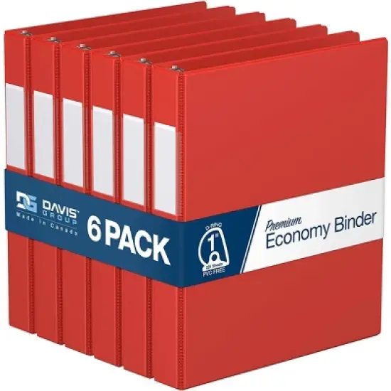 Davis Group 6pk 1" Premium Economy Angled D-Ring Binder Red: Hard Cover, 225 Sheet Capacity, 2 Pockets, Polypropylene image {8}
