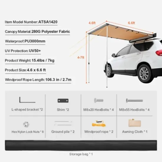 VEVOR Car Side Awning, Large 4.6'x6.6' Shade Coverage Vehicle Awning, PU3000mm UV50+ Retractable Car Awning with Waterproof Storage Bag image {7}