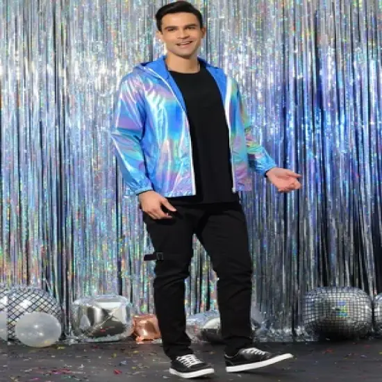 Lars Amadeus Men's Metallic Jacket Lightweight Zip Up Holographic Shiny Hooded Jackets image {4}