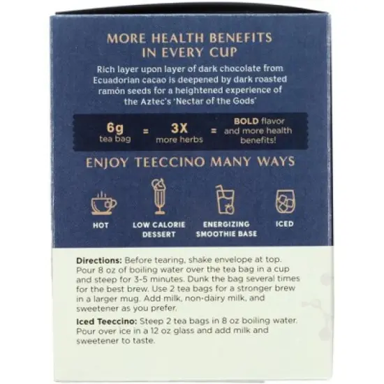 Teeccino Dark Chocolate Prebiotic Tea - Case of 6 Boxes/10 Tea Bags image {4}