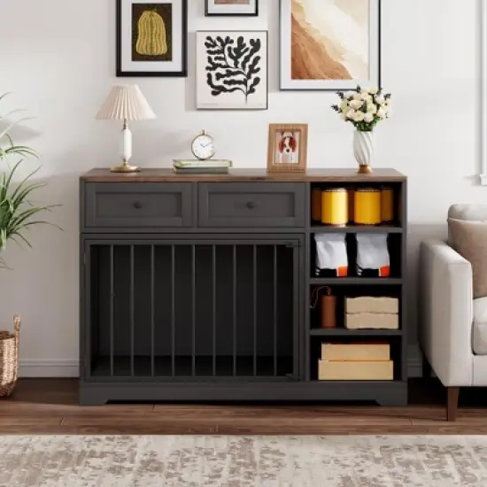 Dog Crate Furniture 47", Large Dog Crate with 2 Drawers and 4 Shelves, Wooden Heavy Duty Dog Crate, Decorative Dog Indoor Kennel Furniture Indoor image {7}