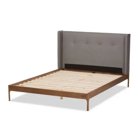 Brooklyn Mid Century Modern Walnut Wood Fabric Upholstered Platform Bed - Baxton Studio image {3}