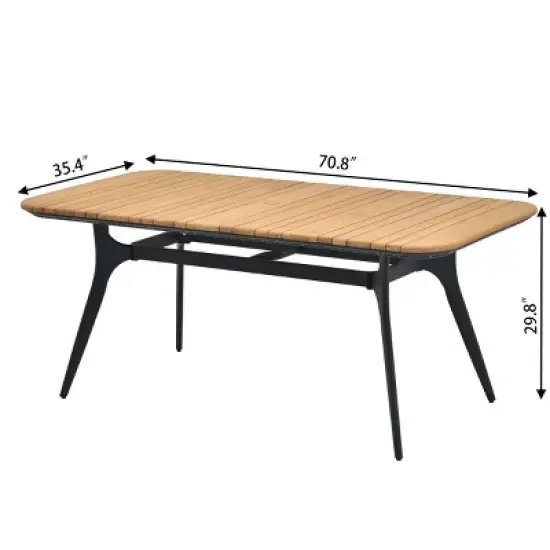 Planked Wood & Textured Weave 6Piece Outdoor Dining Set Metal Frame Table & Angled Stool Seats for Backyard image {3}