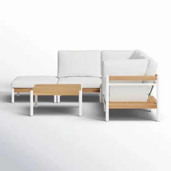 Modular Outdoor Corner Sofa Set Wood Grain Texture Sectional w/ Chaise Longue & Ottoman + Square Coffee Table image {15}