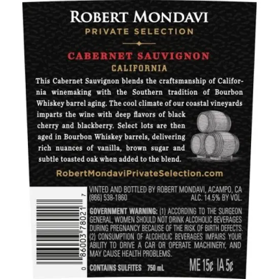 Robert Mondavi Private Selection Bourbon Barrel Aged Cabernet Sauvignon Red Wine - 750ml Bottle image {10}