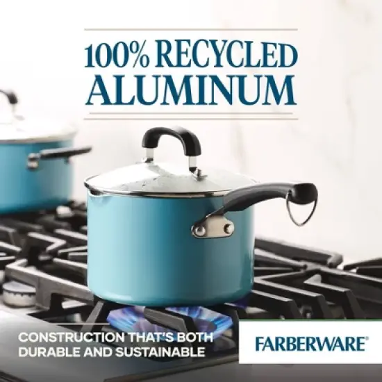 Farberware Eco Advantage 3qt Ceramic Nonstick Straining Saucepan with Lid Aqua: Dishwasher-Safe Sauce Pot, Gas & Electric Compatible image {3}