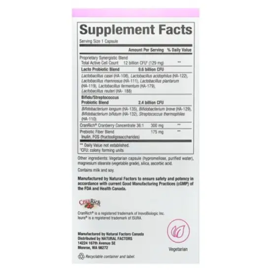 Natural Factors Ultimate Probiotic Women's Every Day, 12 Billion, 60 Vegetarian Capsules image {1}