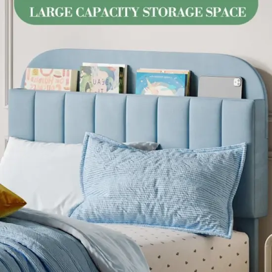 Twin Bed Frame with Bookcase Headboard, Velvet Upholstered Platform - Wooden Slat Support, Noise-Free, No Box Spring Needed, Easy Assembly image {4}