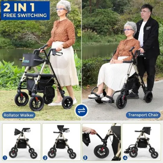Lycvki Foldable 2 in 1 Rollator Walker with Brakes and Adjustable Seat, Handle image {1}