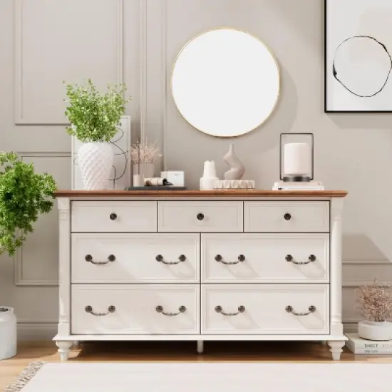 Farmhouse 7 Drawers Dresser for Bedroom with 4 Solid Wood Feet & Column Decor & Metal Slide, Storage Dressers for Bedroom image {7}