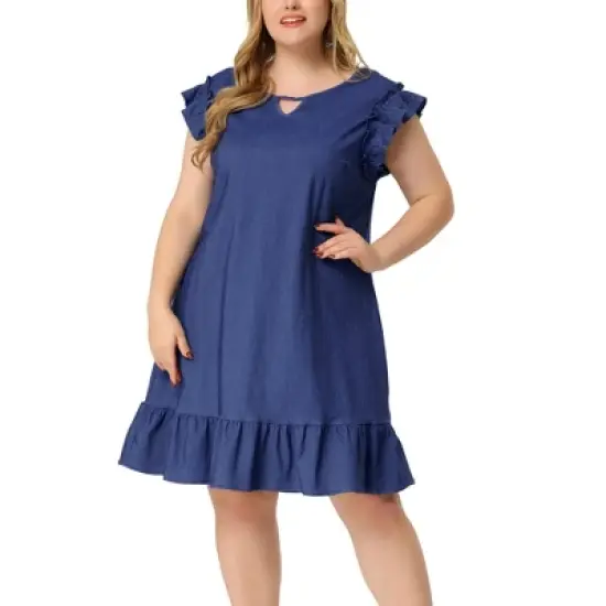 Agnes Orinda Women's Plus Size Ruffle Sleeveless Keyhole Chambray Fashion Dress image {6}