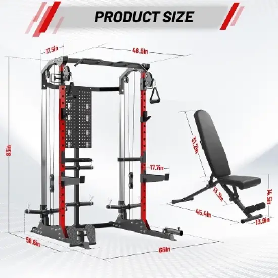 Power Cage Home Rack, 2000LB Squat Rack, Dual Pulley Cable Crossover System,Multi-Function Free Weight Gym Workout Machine with Bench Attachments Red image {3}