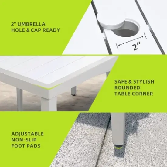 DOMETOUR Outdoor Patio Aluminum 40"x70" Two-tone Table Top Rectangle Dining Table with Tapered Feet & Umbrella Hole, Matte White+ Grayish image {3}