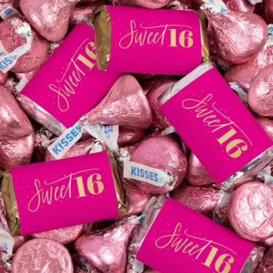 124 Pcs Sweet 16 Birthday Candy Party Favors Hershey's Miniatures & Kisses by Just Candy (1.52 lbs) - Pink & Gold image {4}