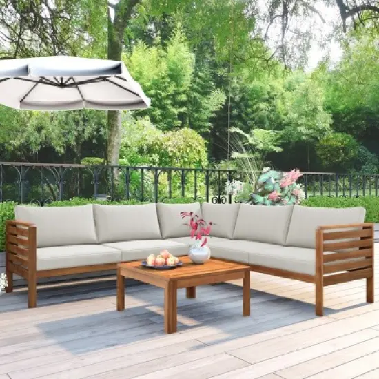 Outdoor L-Shaped Sectional Sofa, Acacia Wood Patio Couch Set with Cushions and Coffee Table, Corner Garden Sofa &ndash; Cuddlewood image {7}