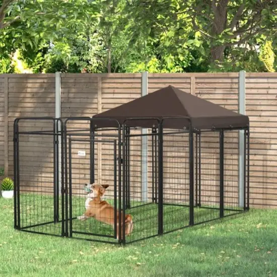 PawHut Dog Kennel Outdoor with Waterproof Canopy, Galvanized Chain Link, for Backyard and Patio, Large and Medium Sized Dog, 9.3' x 4.6' x 5.2' image {2}