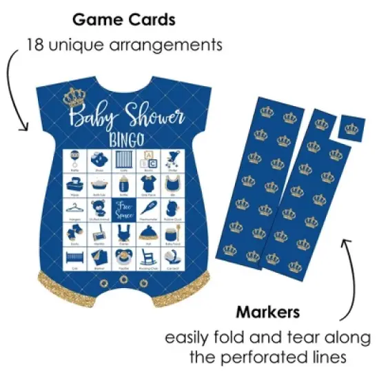 Big Dot of Happiness Royal Prince Charming - Picture Bingo Cards and Markers - Baby Shower Shaped Bingo Game - Set of 18 image {1}