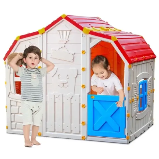Costway Kids Playhouse Realistic Cottage Playhouse with Openable Windows & Working Door image {10}
