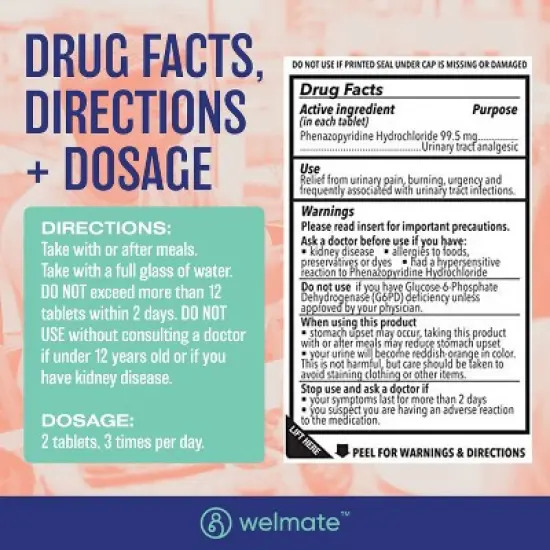 WELMATE UTI Relief Phenazopyridine Hydrochloride 99.5mg Tablets &ndash; 36ct image {3}