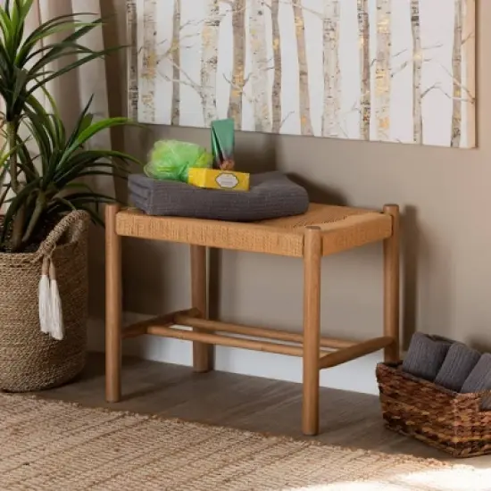 Saura Wood Hemp Accent Bench Oak Brown - Baxton Studio image {2}