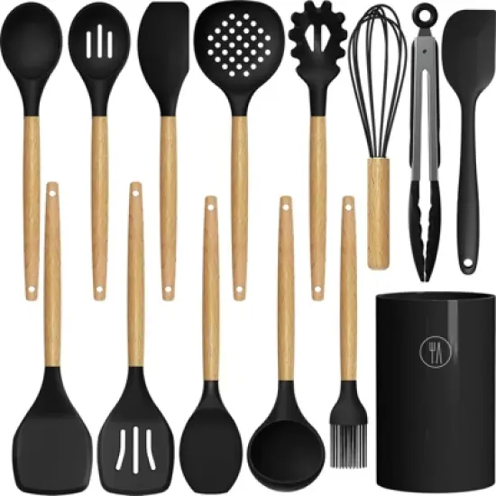 BRINJOY Silicone Cooking Utensil Set - Heat Resistant 446&iexcl;&atilde;F Non-Stick Kitchen Tools with Wood Handles & Holder, BPA-Free (Black) image {5}