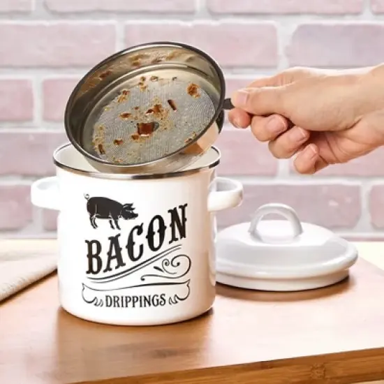 The Lakeside Collection Bacon Grease Container With Strainer Farmhouse Decor Kitchen Fat Storage image {3}