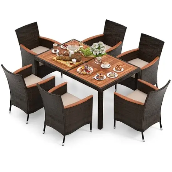Costway 7 Pieces Outdoor Wicker Dining Set with Acacia Wood Table and 6 Stackable Chairs image {1}