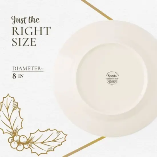 Spode Christmas Tree 8" Salad Plate Set of 4- Stoneware Plate with Christmas Tree Design, Green Bordered Edges, Microwave, Dishwasher & Oven Safe image {6}