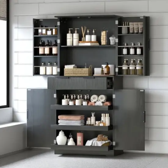 Fluted Pantry Cabinet with Keyboard Drawers & Door Spice Racks, Tall Freestanding Storage Cupboard with Adjustable Shelf for Kitchen, Dining Room image {14}