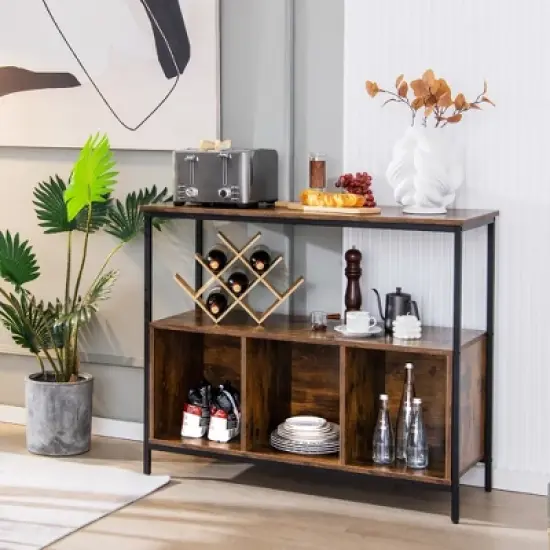 Costway Buffet Sideboard Kitchen Storage Cabinet Open Shelf w/ 3 Compartments Black\Rustic image {1}